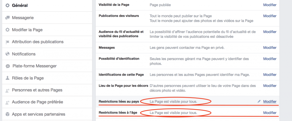 imprimé d'écran des paramètres de confidentialité d'une page Facebook