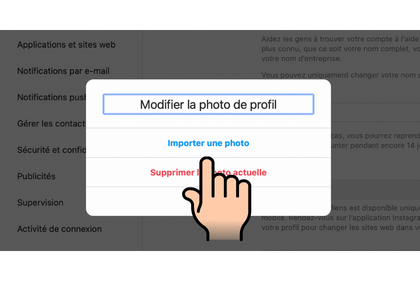 un imprimé d'écran montrant une boite d'alerte avec l'option pour changer sa photo de profil Instagram