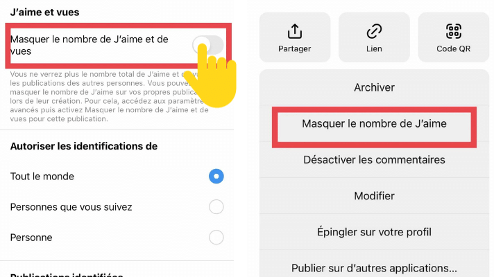 imprimé d'écran montrant comment masquer son nombre de j'aime sur instagram