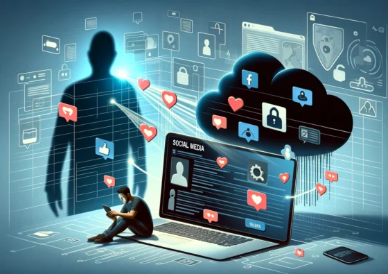 Une illustration numérique représentant les coûts cachés des réseaux sociaux gratuits. L'image montre un utilisateur interagissant avec les réseaux sociaux sur un ordinateur portable, avec une silhouette sombre en arrière-plan symbolisant la collecte de données.